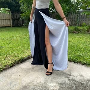 ALICE + OLIVIA Satin Wrap Pants Black White Womens Sz 0 Wide Leg Tuxedo Formal